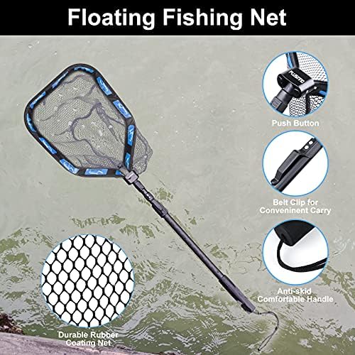PLUSINNO Floating Fishing Net for Steelhead, Salmon, Fly, Kayak, Catfish, Bass, Trout Fishing, Rubber Coated Landing Net for Easy Catch & Release, Compact & Foldable for Easy Transportation & Storage