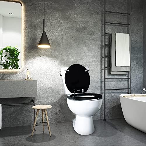 Black Round Toilet Seat Natural Wood Toilet Seat with Zinc Alloy Hinges, Easy to Install also Easy to Clean, Scratch Resistant Toilet Seat by Angol Shiold (Round, Black)
