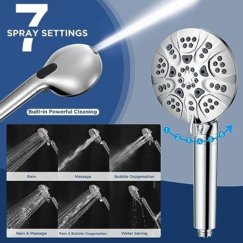 HOPOPRO 7-Setting Handheld Shower Head with Built-in Power Wash, Polished ABS Chrome, 71-Inch Stainless Steel Hose, 360 Rotatable Brass Overhead Bracket, Anti-Leakage Teflon Tape