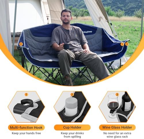 KingCamp Double Camping Chair, Oversized Heavy Duty Loveseat for Adults Portable Folding XL 2 Person Couch Padded Comfortable Two Seat with Cup Holder for Outdoor Lawn Backyard