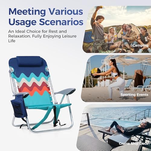 ALPHA CAMP Beach Chairs Set of 2 with Cooler Bag 4 Position Classic Lay Flat Folding with Backpack Straps Support 250LBS (Sky Blue)