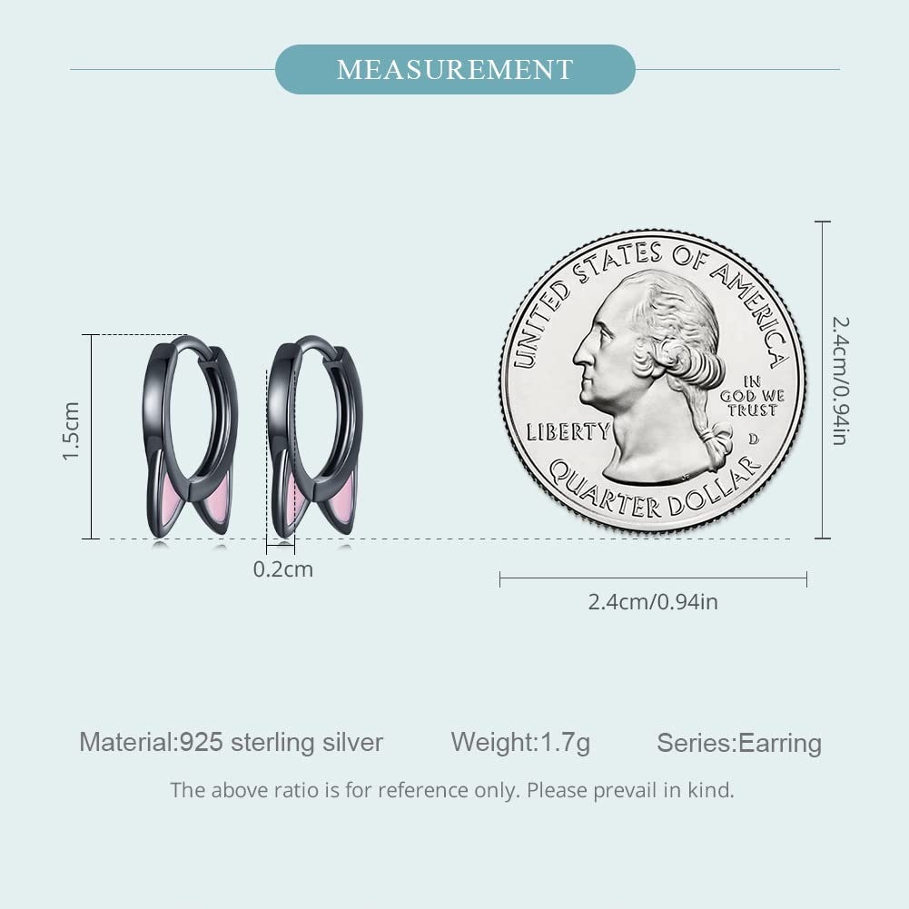 Black Cat Small Hoop Earrings Sterling Silver 925 Cute Animal Pet Pink Ears Cartilage Tragus Earrings Tiny Round Huggie Hoops Statement Earrings Fashion Jewelry for Women Girls