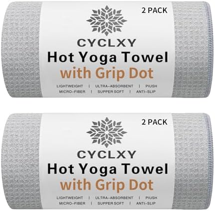 2 Pack Hot Yoga Towel with Grip Dot，Stickyfiber Yoga Mat Towels Non Slip for Hot Yoga,Absorbent Microfiber Sweat Anti-Slip Cover,Bikram,Pilates,Exercise,Fitness
