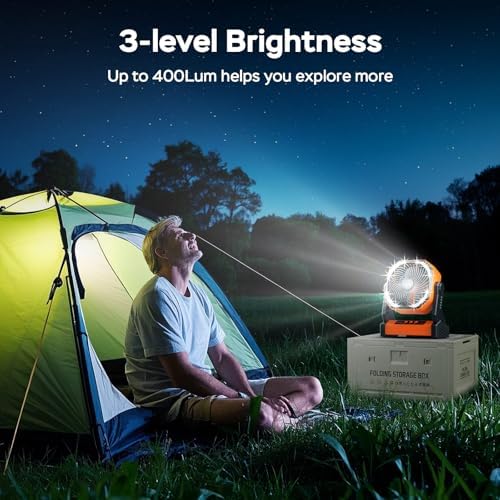 Battery Operated Camping Fan, 20000mAh Rechargeable Portable Fan, 4 Speed Outdoor Fan with LED Light and Hook for Tent Car Travel Jobsite Fishing Outdoor Hurricane Power Outage