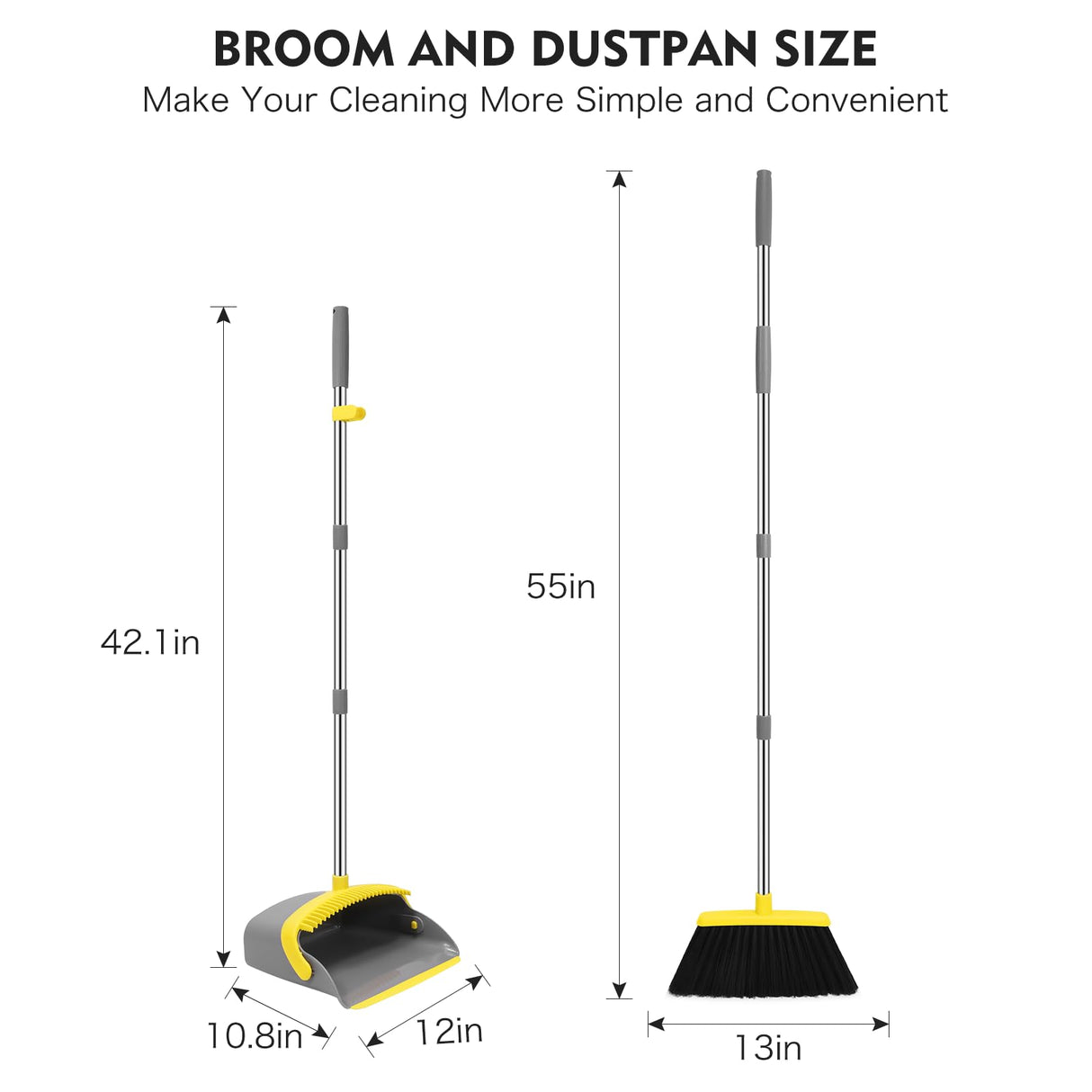NACENA Broom and Dustpan Set, 55-in Long Adjustable Handle Broom Dustpan Combo with Dustpan Teeth to Automatically Clean Hair Suitable for Home Kitchen Office Hall Floor, Large(Grey&Yellow)