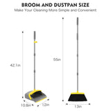 NACENA Broom and Dustpan Set, 55-in Long Adjustable Handle Broom Dustpan Combo with Dustpan Teeth to Automatically Clean Hair Suitable for Home Kitchen Office Hall Floor, Large(Grey&Yellow)
