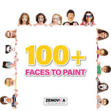 Zenovika Face Painting Kit for Kids - 60 Reusable Stencils & 39-Design Guide Book, 24 Large-Pan Water Activated Face Paints, Covers 30+ Full Faces, Washes Off with Soap & Water, Halloween & Party