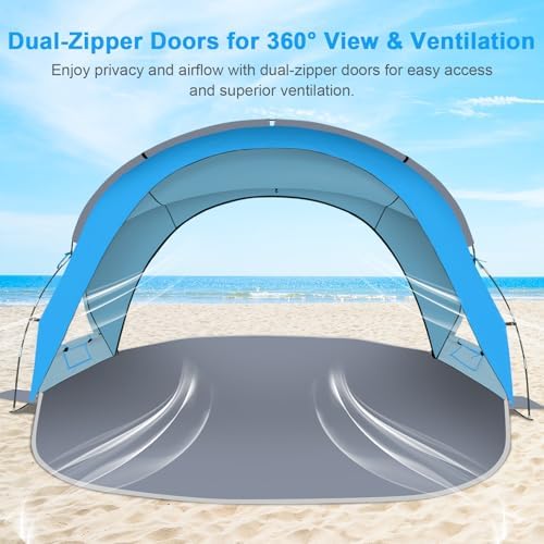 Gorich Beach Tent Sun Shelter with UPF50+ UV Protection for 3-6 Person, Lightweight & Portable Beach Shade Canopy with 2 Zippered Doors, Easy Setup Family Beach Umbrella