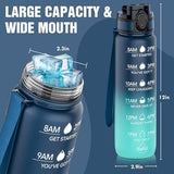 OLDLEY Water Bottle, 32oz Motivational Sports Water Bottle with Time Marker - Times to Drink - Tritan, BPA Free, Wide Mouth Leakproof, Navy Blue Green (1 Bottle)