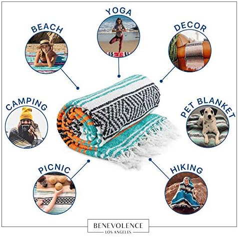 Benevolence LA Authentic Handwoven Mexican Blanket | Yoga Blankets, Outdoor, Picnic, Beach, Camping | Equestrian Saddle | Serape 50x70 inches - Mandarin, Pack of 1