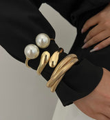 Chunky Gold Bangle Bracelets for Women, Dainty 14k Gold Plated Big Pearl Bangles Set, Trendy Statement Cuff Bracelet Stack Fashion Jewelry Gifts Summer Vacation Outfits