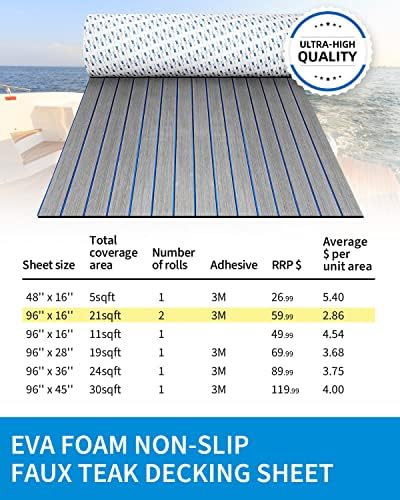 OCEANBROAD EVA Foam Boat Flooring with 3M Adhesive Backing Marine Self-Adhesive Decking 96''x45.6''/36''/28.8''/16.8'', 48''x16.8'' Faux Teak Sheet for Jon Boats Swim Platform Helm Pad RV Floor