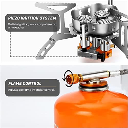 Odoland 3500W/6800W Windproof Camp Stove Camping Gas Stove with Windscreen, Fuel Canister Adapter, Piezo Ignition for Outdoor Backpacking Hiking and Picnic