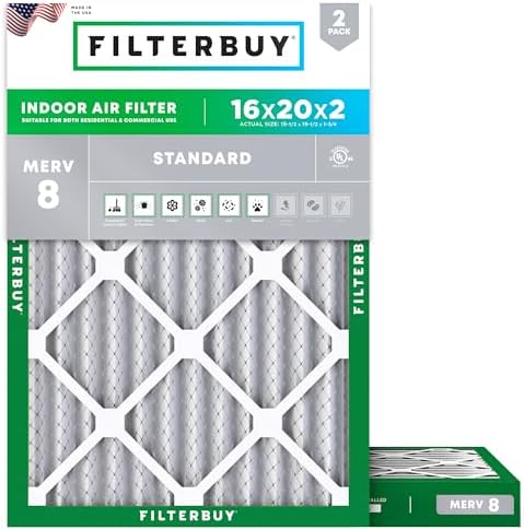 Filterbuy 16x20x2 Air Filter MERV 8 Dust Defense (2-Pack), Pleated HVAC AC Furnace Air Filters Replacement (Actual Size: 15.50 x 19.50 x 1.75 Inches)