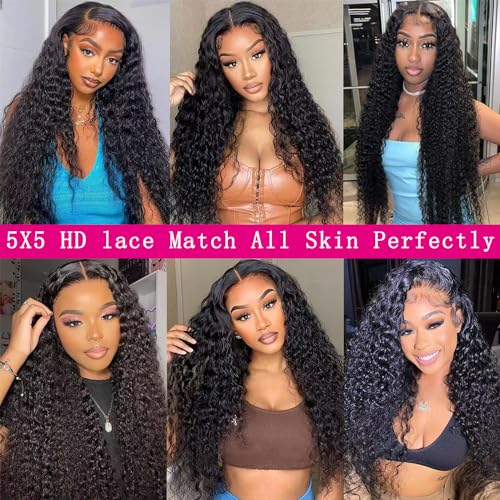 htsly 5x5 Hd Lace Closure Wigs Human Hair Water Wave 5x5 Closure Wig for Women 180 Density Curly Closure Wig Glueless Wet and Wavy Lace Front Wigs Pre Plucked Natural Black 24 Inch