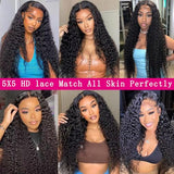 htsly 5x5 Hd Lace Closure Wigs Human Hair Water Wave 5x5 Closure Wig for Women 180 Density Curly Closure Wig Glueless Wet and Wavy Lace Front Wigs Pre Plucked Natural Black 24 Inch