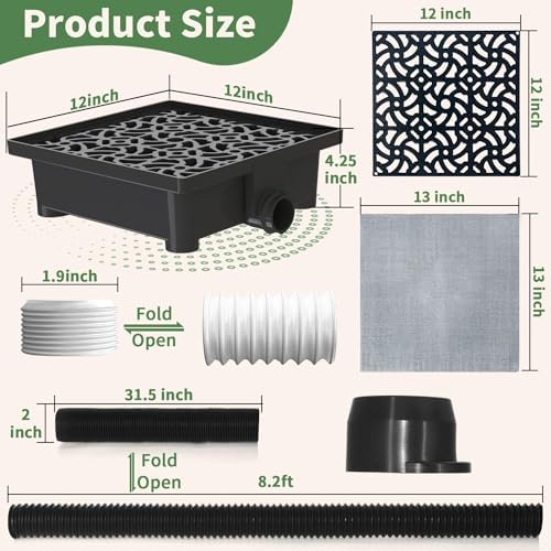 Gutter Downspout Extensions Big Kit, Catch Basin + 2pcs Pipes, Low Profile Downspout Extender - Each Flexible Pipe is 8.2ft - can be Connected into a Whole. Protect Foundation.(Black)