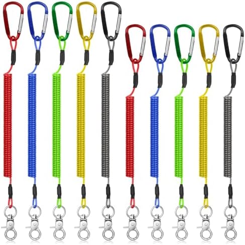 10 PCS Heavy Duty Fishing Lanyards with 2 Sizes, Retractable Safety Fishing Tool Ropes Steel Wire Coiled Lanyard with Carabiner and Keychain, Leash Rod Tether Accessories for Pliers Boating Kayak