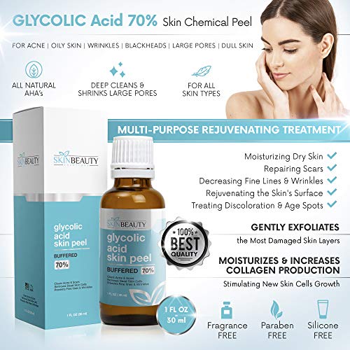 GLYCOLIC Acid Peel 70% Skin Chemical Peel - BUFFERED - Alpha Hydroxy (AHA) For Acne, Oily Skin, Wrinkles, Blackheads, Large Pores,Dull Skin… (1oz/30ml)