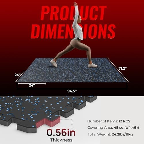 SUPERJARE 0.56'' Thick 12 Pcs 48 Sq Ft Rubber Top Exercise Equipment Mats, High Density EVA Foam Mats with Rubber Top, Interlocking Gym Flooring for Home Gym, Protective Workout Mat, Black/Blue