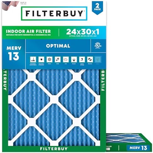Filterbuy 24x30x1 Air Filter MERV 13 Optimal Defense (2-Pack), Pleated HVAC AC Furnace Air Filters Replacement (Actual Size: 23.88 x 29.88 x 0.75 Inches)