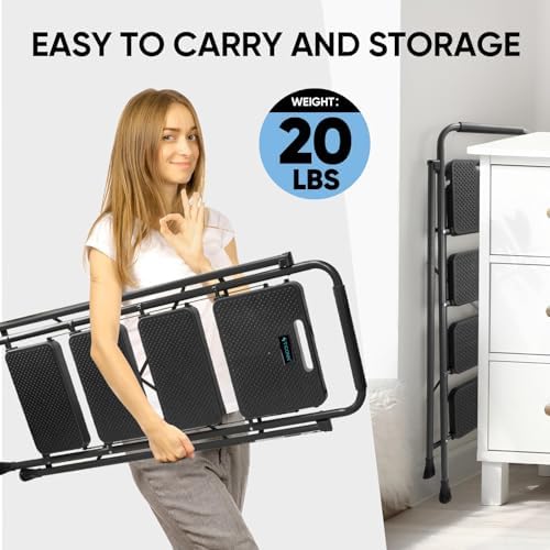 TICONN 4 Step Ladder, Heavy Duty Foldable Step Stool, Portable Steel Folding Stool for Household Garage Storage (Black)