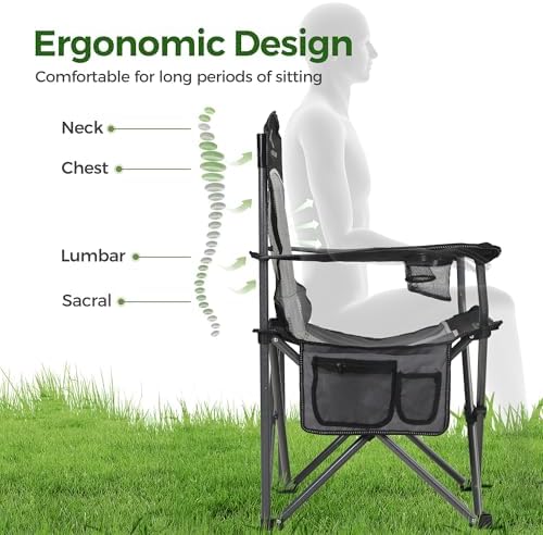 ALPHA CAMP Oversized Mesh Back Camping Folding Chair Heavy Duty Support 350 LBS Collapsible Steel Frame Quad Chair Padded Arm Chair with Cup Holder Portable for Outdoor (Black/Grey)