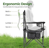 ALPHA CAMP Oversized Mesh Back Camping Folding Chair Heavy Duty Support 350 LBS Collapsible Steel Frame Quad Chair Padded Arm Chair with Cup Holder Portable for Outdoor (Black/Grey)