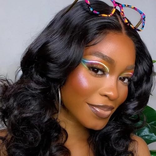 14 Inch Bob Wig Human Hair Glueless 13X4 HD Lace Front Wigs Human Hair Pre Plucked 180 Density 100% Real Human Hair Short Body Wavy Bob Wigs for Black Women Super Soft and Natural Black Color