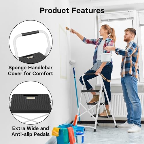 BONTEC 3-Step Ladder, Folding Step Stool, 600lbs Max Load Capacity, Sturdy Steel, Non-Slip Pedals, Lightweight, Portable Steel Ladder with Convenient Handrail, Safety Design for Home & Work, White