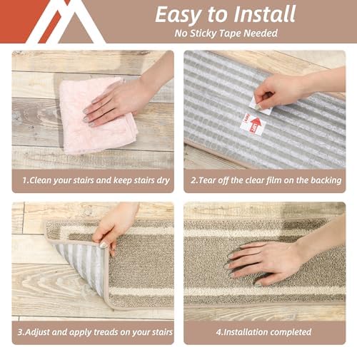 COSY HOMEER Soft Stair Treads Non-Slip Carpet Mat 28inX9in Indoor Stair Runners for Wooden Steps,Stair Rugs for Kids and Dogs, 100% Polyester TPE Backing 4pcs,Beige,Square