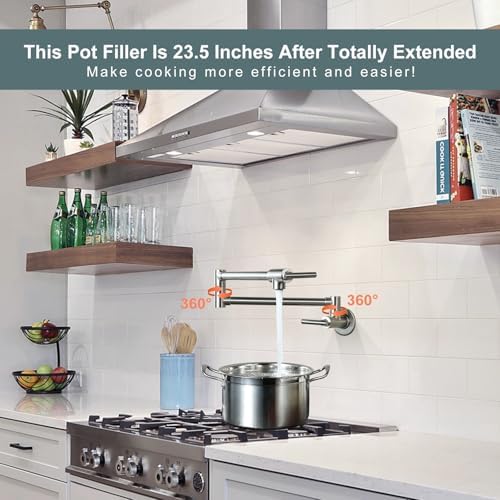 WOWOW Pot Filler Faucet Brushed Nickel, Brass Pot Filler Wall Mount Kitchen Stove Faucet with Double Joint Swing Arms