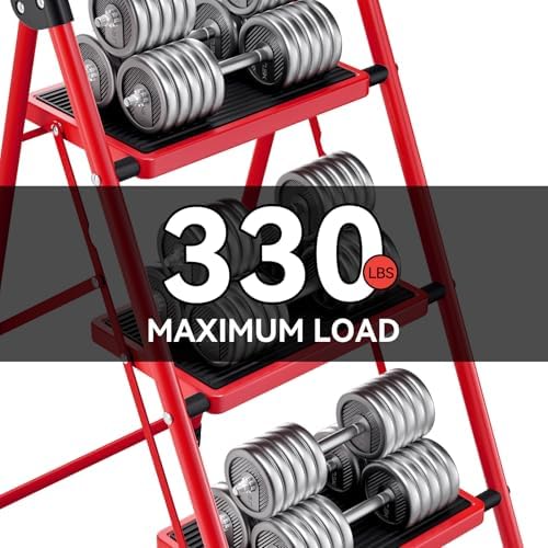 KINGRACK Step Ladder, 3 Step Ladder with with Anti-Slip and Wide Pedal,Portable Foldable Step Stool with Handgrip,Tall Sturdy Step Ladder for Home Kitchen Household,Red