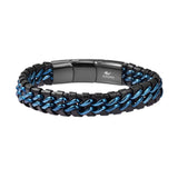 Magna Steel Men's Braided Genuine Leather Link Steel Chain Bracelet (Blue)