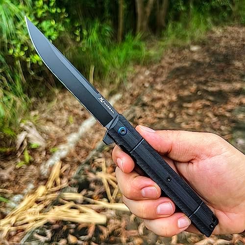 Flipper Pocket Folding Knife,DC53 Steel Blade and G10 Handle. With pocket clip and glass breaker,men's pocket knife hiking trip EDC tool Knife (Black PVD Blade-D)