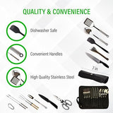 30 Pcs Camp Cooking Utensil Set & Outdoor Kitchen Gear Cookware Kit, Portable Compact Carry Case for Camping, Hiking, Travel, BBQ Grilling Stainless Steel Accessories Spoon & Fork, Navy