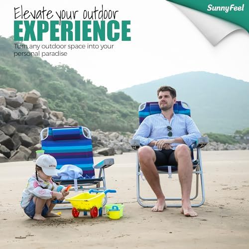 SUNNYFEEL Extra Wide Low Beach Chair 2 Pack 5 Position Lay Flat 500 LBS Heavy Duty, XL Oversized Folding Camping Chairs with Cup Holder for Outdoor/Sand, Portable Backpack Beach Chair for Adults
