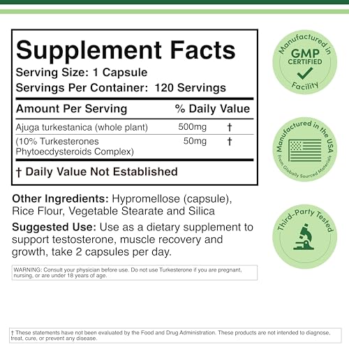 Turkesterone Supplement 500mg, 120 Capsules (Ajuga Turkestanica Extract Std. to 10% Turkesterone) Similar to Ecdysterone for Men's Health Support (Manufactured and Tested in The USA) by Double Wood