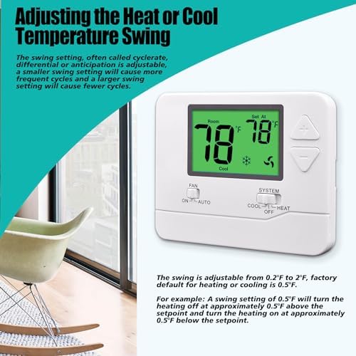 Non-Programmable Thermostat for House, Digital Energy-Saving Home Thermostats, up to 1 Heat/1 Cool Single-Stage Systems (Green Backlight)