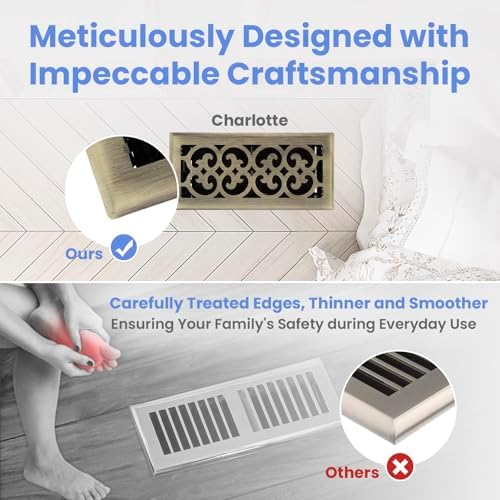 4x10 Inches Heavy Duty Walkable Floor Register Easy Adjust Air Supply Lever Floor Vents - Charlotte Design - Vent Cover for Home Floor - Antique Brass
