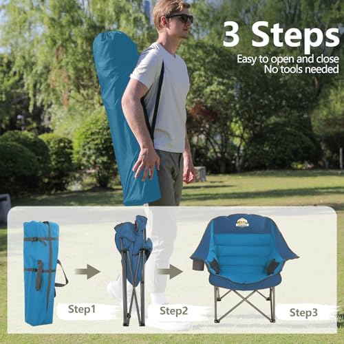 Oversized XL Padded Camping Chair Wide Heavy Duty Lawn Chairs Support 450 LBS Portable Folding Gaint Plus Camp Chair with Side Pocket Cup Holder for Outdoor Outside Sports Baseball Soccer-Blue