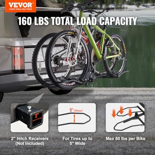 VEVOR Hitch Mount Bike Rack, 160 LBS Capacity Ebike Rack, 2-Bike Platform Style for 2-inch Receiver, Titling and Folding Bike Carrier with Tires up to 5" Wide, for Car, SUV, Truck, RV