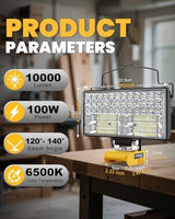 Cordless 20V LED Work Light for Dewalt 20V Max Battery, LIVOWALNY 100W 10000LM 7" Floodlight, LED Flashlights with USB & Type-C & Low Voltage Protection & 140° Pivoting Head for Emergency and Job Site