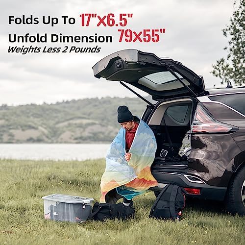 Outdoor Puffy Camping Blanket, Lightweight Down Alternative Puffy Printed Camping Large Ultra Warm Hammock Top Quilt Waterproof Blanket for Traveling Picnic Beach Party Cold Weather (Sunset)