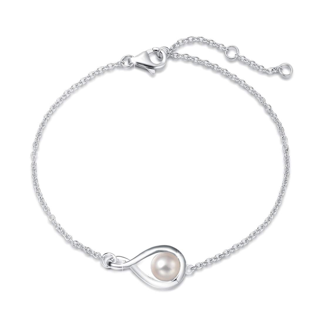 FANCIME White Pearl Bracelets June Birthstone Bracelet for Women Sterling Silver Infinity Link Bracelet Fine Jewelry Anniversary Birthday Mothers Day Gifts for Mom Her, Chain 6.7+1.2"