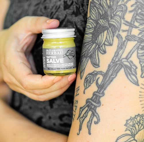 Tattoo Salve, Tattoo Aftercare Balm, Paraben Free Healing OIntment For New Tattoos, Brightening Moisturizer For Old Ink, Itchy Tattoo Relief Cream, Plastic Free, Ora’s Amazing Herbal, 1 oz Travel Size