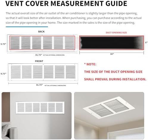 30x8 Return Air Grille(Duct Opening Size),Air Return Vent Cover,Flat Vent Cover,Rejillas De Aire Acondicionado para Casa,Return Air Grilles,Outer Dimensions:31.75"Wx9.75"H(30"W x 8"H, Duct Opening)