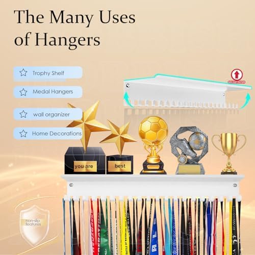 Metal Medal Hanger Display,Non-Slip Trophy Shelf with 20 Hooks,Wall Mount,Heavy Duty,Non-Bent,Holds 22-33lbs,for Gymnastics,Race,Soccer,Swim