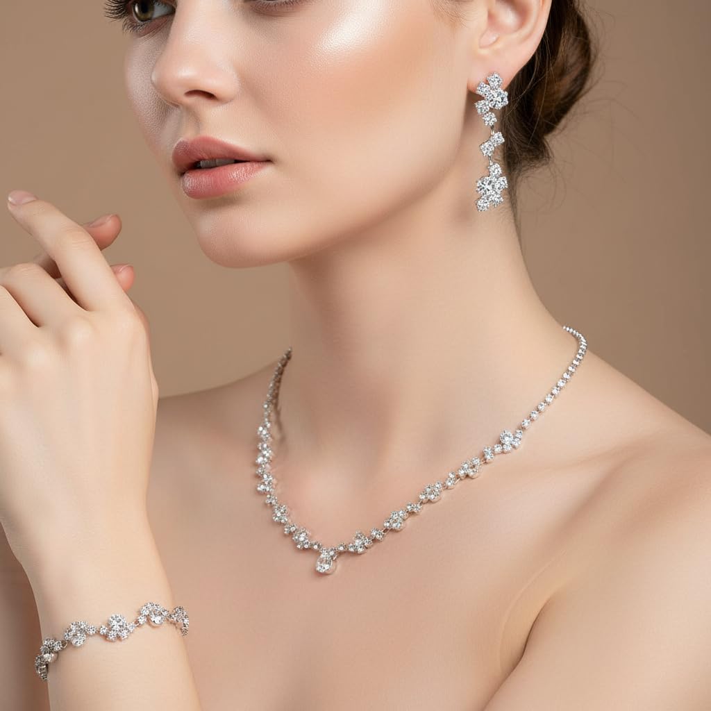 AKUSESALI Silver Jewelry Sets for Women Rhinestone Necklace Dangle Earrings Bracelet Set Bridal Wedding Jewelry Sets for Brides Bridemaid Prom Costume Accessories Jewelry