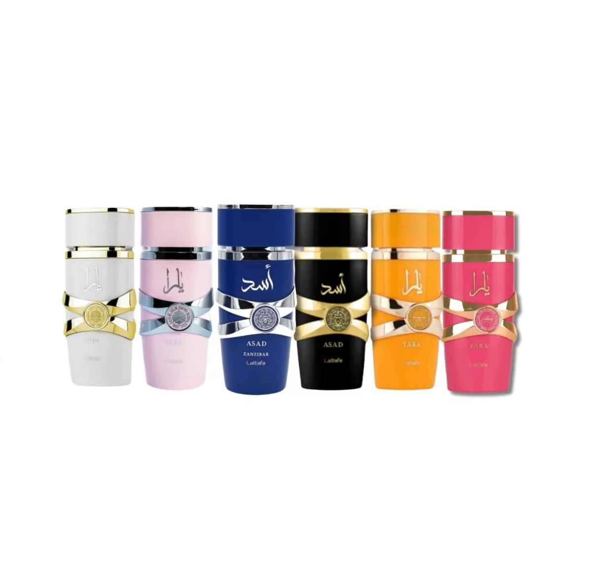 Yara Collection 6 Piece Set Eau De Parfum Spray for Unisex - Pink, Moi, Tous, Candy (3.4 Ounce Each), Asad, and Asad Zanzibar